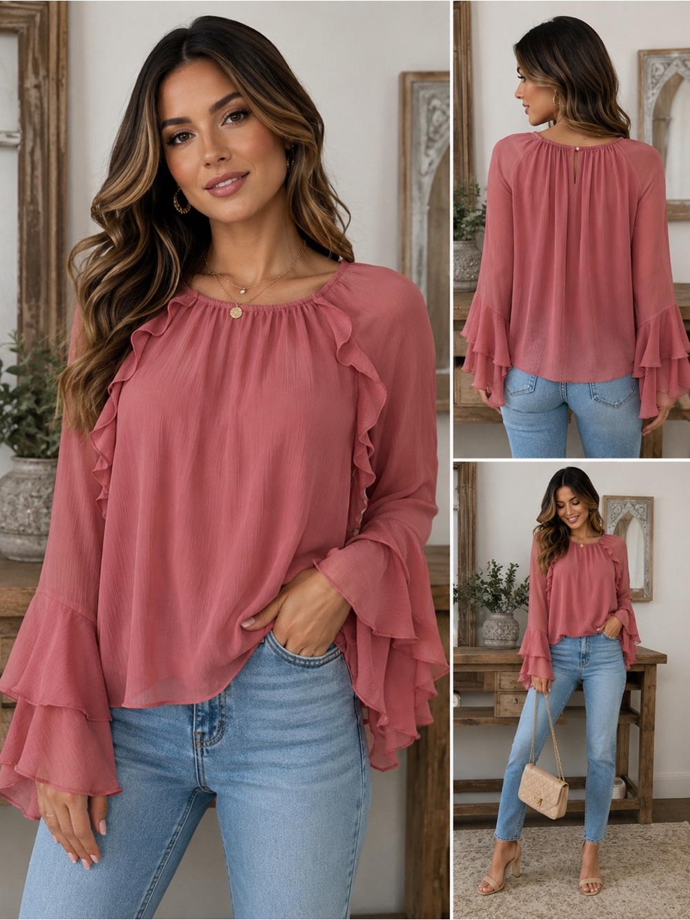 NWT Jessica Simpson Elaine Ruffle Blouse Withered Rose Pink Bell Sleeve M